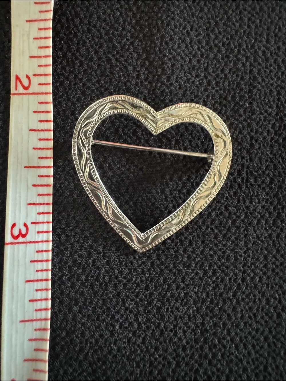 Vintage JF Sterling Silver Engraved Open Heart Brooch Pin 1”